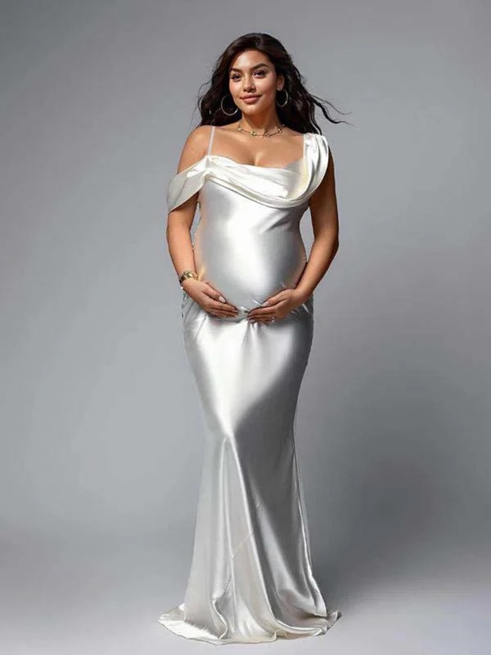 One-Shoulder Satin Maternity Gown in Ivory